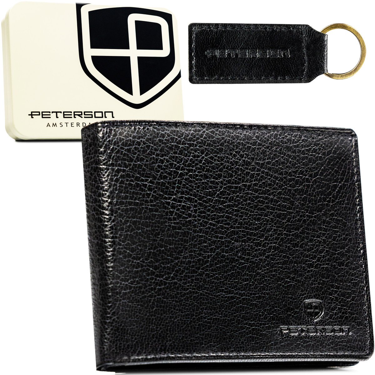 Portfel męski skórzany PETERSON ochrona RFID elegancki poziomy bez zapięcia rozbudowany na karty czarny minimalistyczny schowek na suwak pudełko pro..