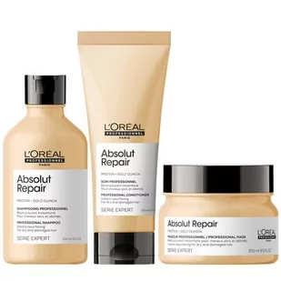 Odbudowujący zestaw do włosów zniszczonych | szampon 300ml, odżywka 200ml, maska klasyczna 250ml L'Oréal Absolut Repair Gold - Zestawy kosmetyków damskich - miniaturka - grafika 1