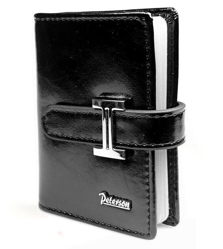 Skórzane etui damskie na karty czarne lakierowane rozbudowane elegancki prezent PETERSON