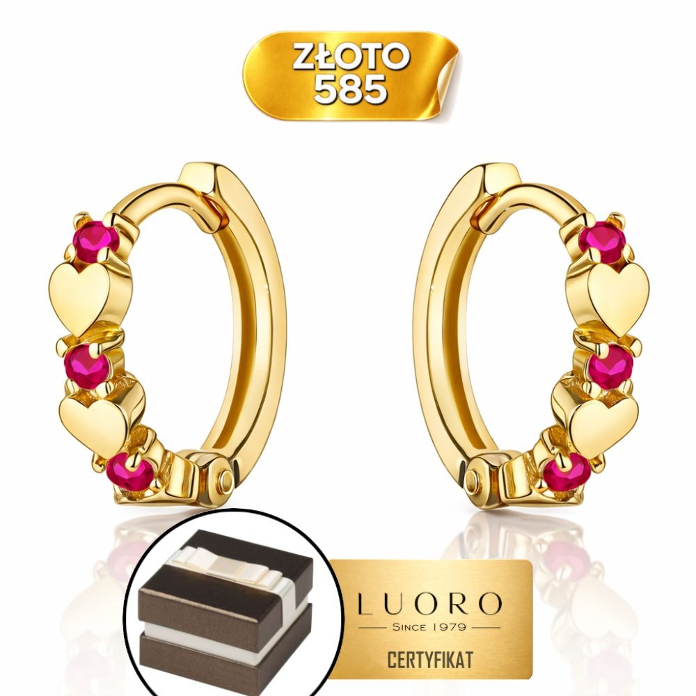 KOLCZYKI ZŁOTE 585 14K SERCE FUKSJOWE CYRKONIE KREOLE 11 MM ELEGANCKIE