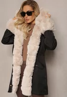 Kurtki damskie - Czarno-Beżowa Kurtka Parka z Paskiem w Talii i Kapturem z Futerkiem Hizontia - miniaturka - grafika 1