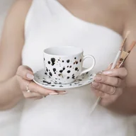 Filiżanki - Ręcznie malowana filiżanka 200 ml ze spodkiem z CIENKIM RANTEM - Czarne kropki ZDOBIONA ZŁOTEM - miniaturka - grafika 1