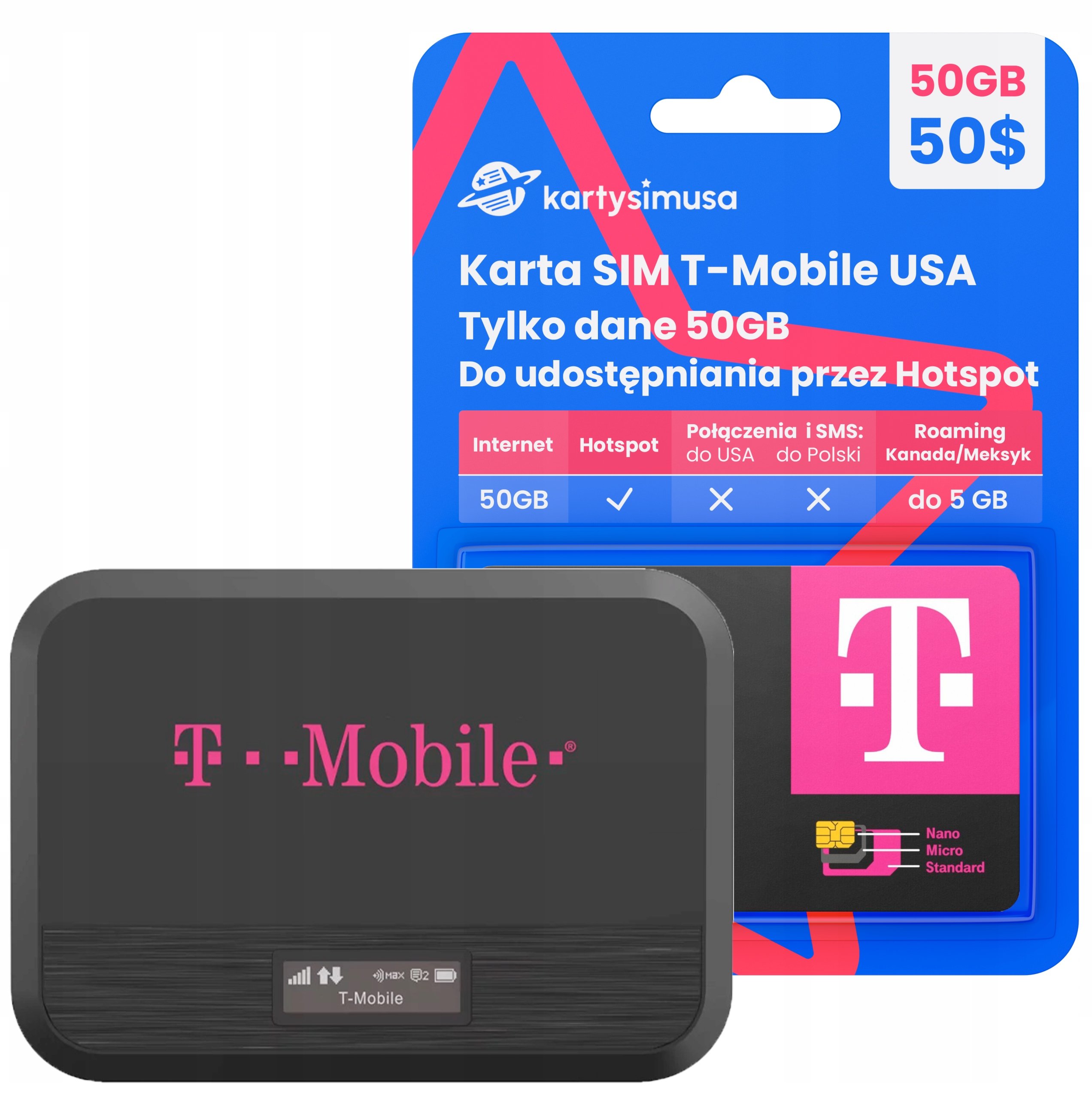 Karta Sim Usa T-Mobile 50GB mobilny hotspot Usa