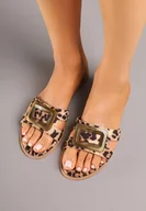 Klapki i japonki damskie - Panterkowe Klapki na Płaskiej Podeszwie z Metaliczną Aplikacją Salaminea - miniaturka - grafika 1