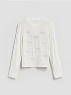 Bluzki dla dziewczynek - Reserved - Koszulka z cekinową aplikacją - złamana biel - miniaturka - grafika 1