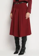 Spódnice - Bordowa Rozkloszowana Spódnica z Wiskozą Ozdobiona Paskiem i Plisami Fidelin - miniaturka - grafika 1