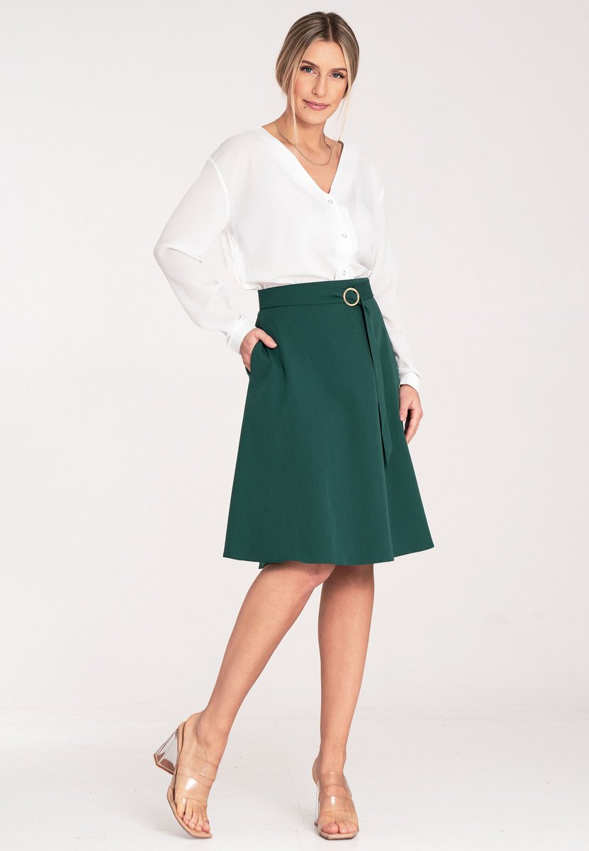 Spódnica midi z paskiem i z klamrą - spódnica zielona M1074 rozmiar L