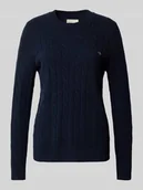 Swetry damskie - Sweter z dzianiny ze ściegiem warkoczowym i wyhaftowanym logo - miniaturka - grafika 1