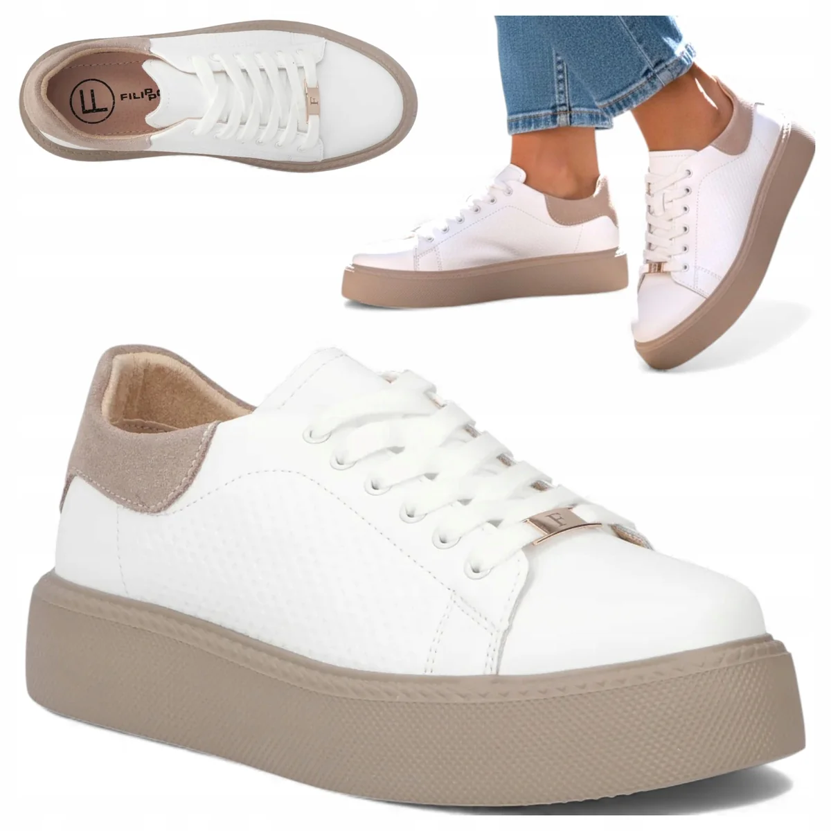 Półbuty Damskie ze SKÓRY 39 FILIPPO Gruba Podeszwa Sznurowane Sportowe sneakersy na platformie 4,5 cm białe obuwie casual