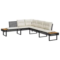 Sofy ogrodowe - vidaXL Sofa ogrodowa w kształcie litery L z poduszkami z czarnego polirattanu i akacji - miniaturka - grafika 1