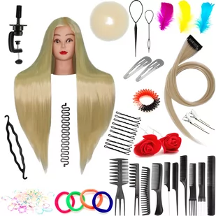 Zestaw główka treningowa Ilsa 60 Blond, włos syntetyczny + 80 akcesoriów + uchwyt, fryzjerska do czesania, głowa do ćwiczeń - Główki treningowe - miniaturka - grafika 1