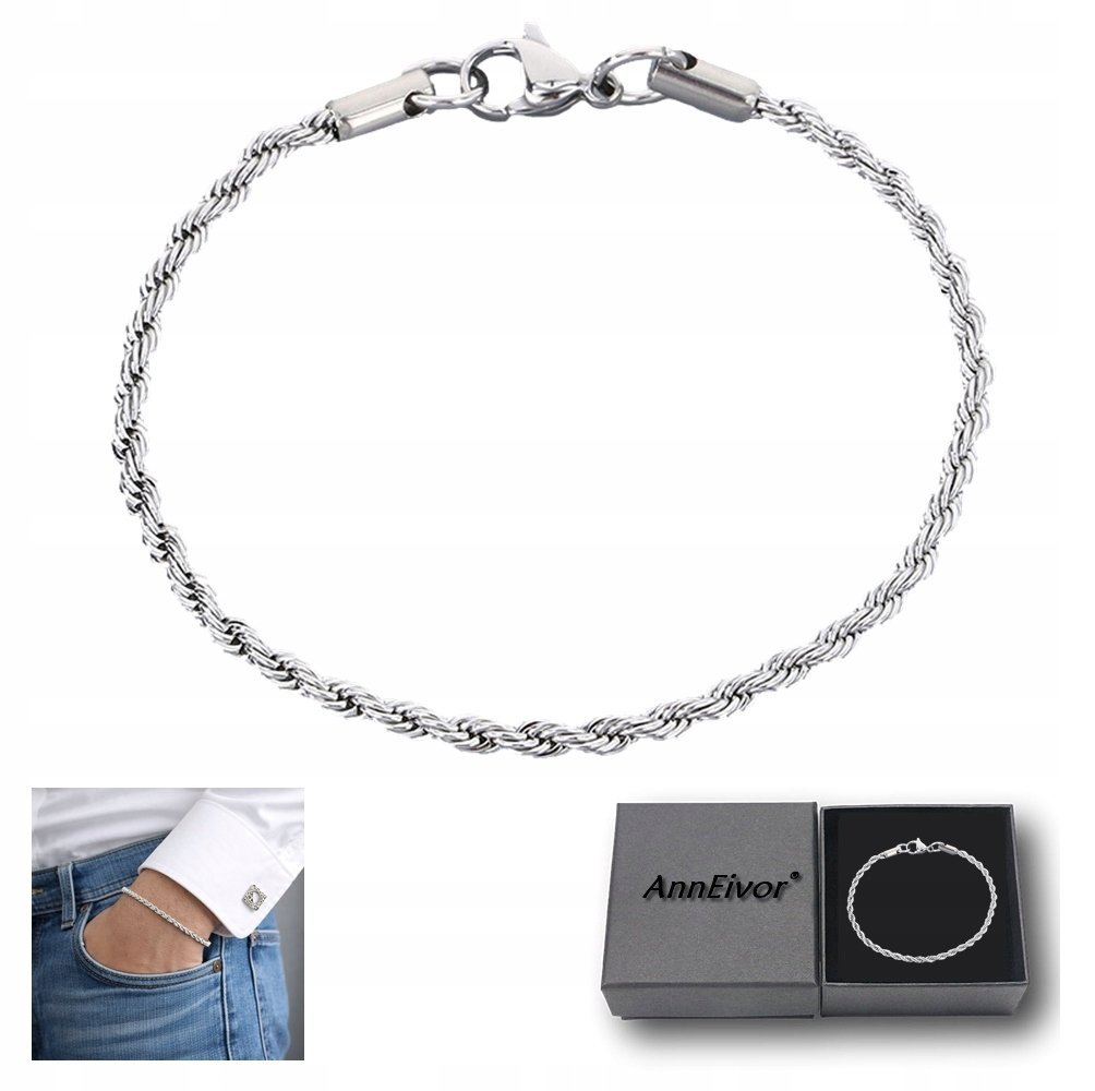 Bransoletka Męska Srebrna 18 cm Pleciona Twist Cienka 3 mm Stal Tytanowa