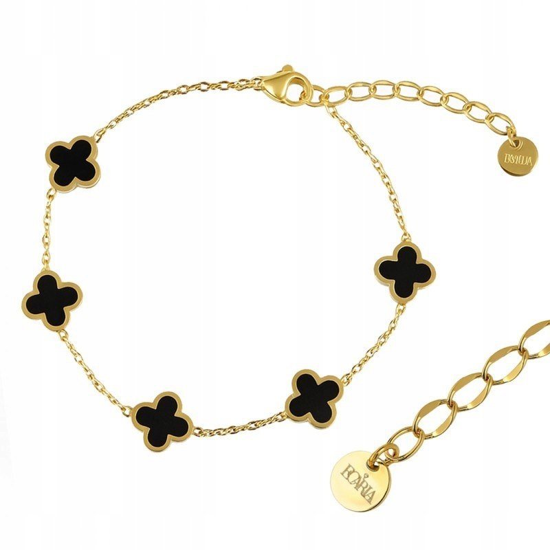 Bransoletka na rękę stal chirurgiczna pozłacana 14k złotem czarna, koniczyn