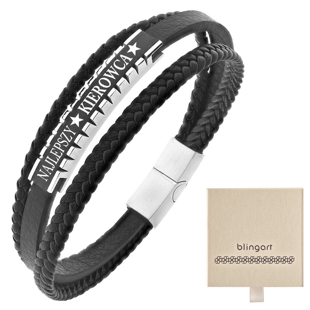 Bransoletka z GRAWEREM męska skóra + stal potrójna