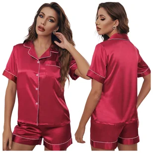 PIŻAMA SATYNOWA DWUCZĘŚCIOWA KOMPLET KOSZULA SPODENKI BORDOWA - L - Piżamy damskie - miniaturka - grafika 1