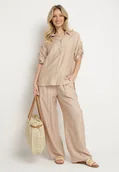 Komplety damskie - Beżowy Komplet z Wiskozy Koszula z Podpinanymi Rękawami i Szerokie Spodnie Dormoi - miniaturka - grafika 1