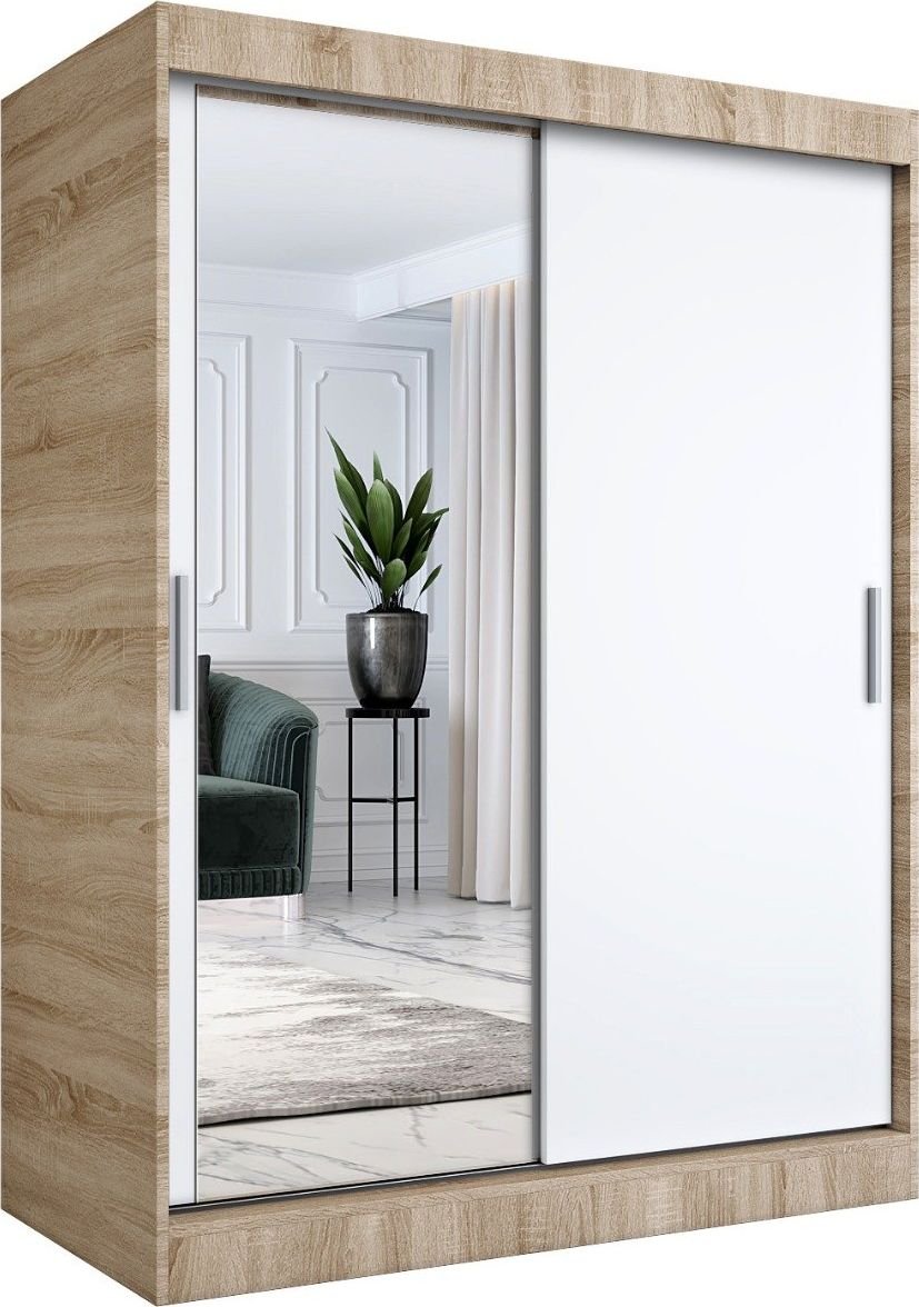 MKPOL Szafa przesuwna MODUO COMFORT 150 dąb sonoma/biała mat z lustrem po lewej