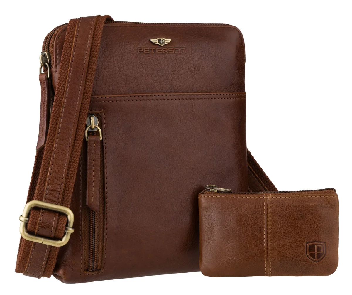 Torba męska PETERSON mała ze skóry naturalnej listonoszka crossbody z etui na klucze brązowa
