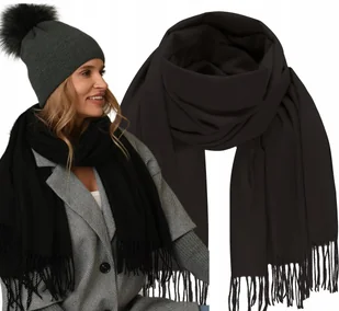 Elegancki SZAL jesień zimowy CIEPŁY klasyczny Gładki Szalik frędzle czarny - Apaszki i szaliki damskie - miniaturka - grafika 1
