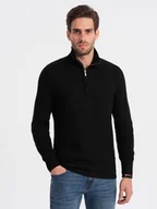 Swetry męskie - Dzianinowy sweter męski z rozpinaną stójką - czarny V3 OM-SWZS-0105 - Ombre Clothing - miniaturka - grafika 1