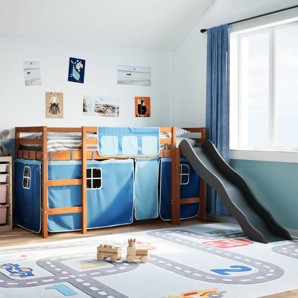 Dziecięce łóżko na poddaszu z zasłonami Niebieskie 80x200 cm lite drewno sosnowe