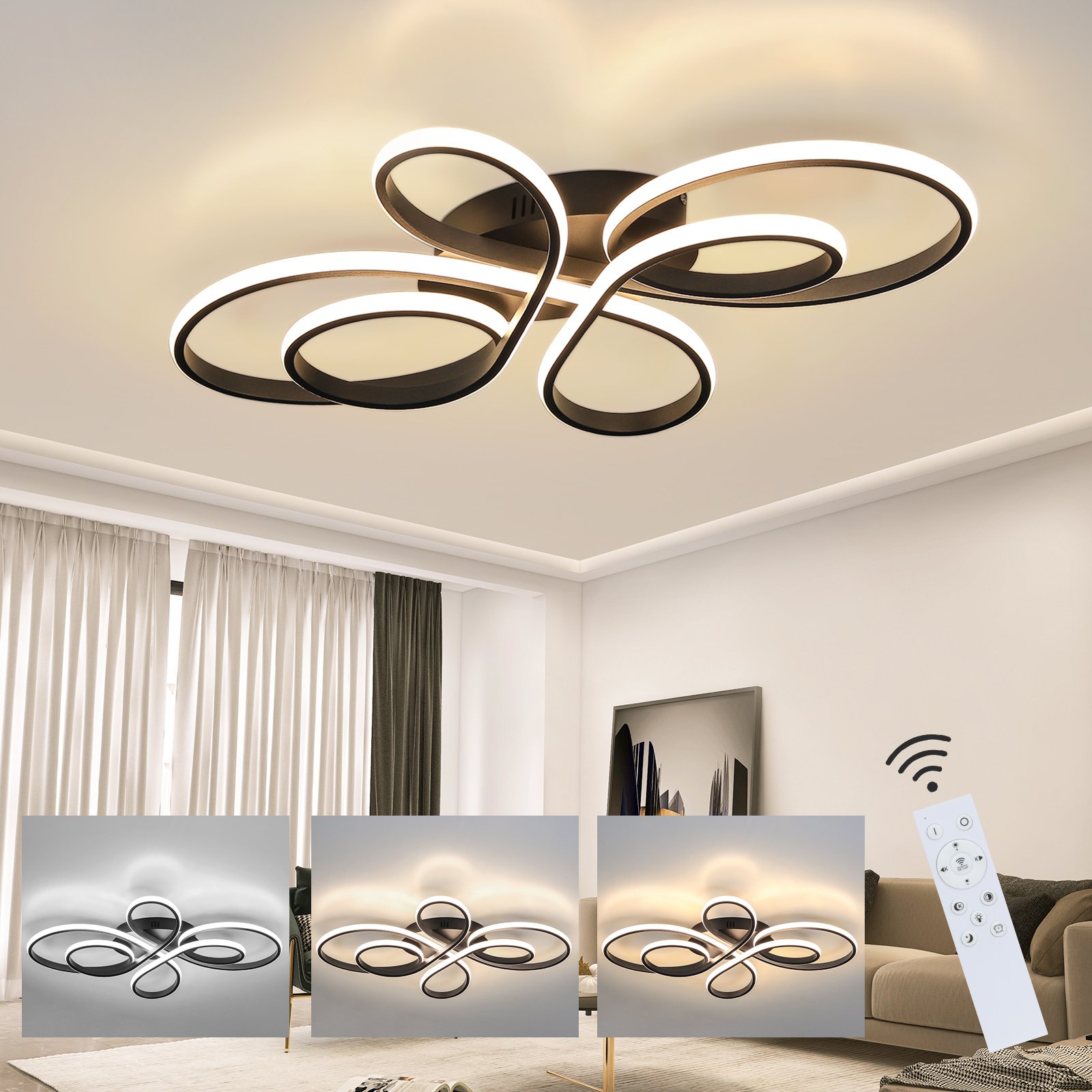 ZMH LED Lampa Sufitowa Czarna Lampa Sufitowa Ściemnialna z Pilotem 90W 100CM Nowoczesna Kreatywna Lampa do Salonu Sypialni Jadalni Biura Kuchni