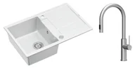 Zlewozmywaki z baterią - Quadron Unique Zlewozmywak granitowy jednokomorowy 78*50*22 cm z ociekaczem MORGAN 111 SNOW WHITE z syfonem Push-2-Open w kolorze stalowym z baterią JENNIFER Q LINE SLIM z wyciąganą wylewką i funkcją prysznica kolor stal szczotkowana - miniaturka - grafika 1