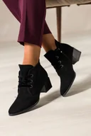Botki damskie - Czarne botki damskie Sergio Leone na niskim szerokim obcasie wycięta cholewka welurowe sznurówki YG779 - miniaturka - grafika 1