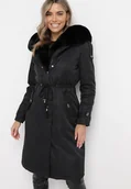 Kurtki damskie - Czarna Nylonowa Kurtka Parka Płaszcz Ozdobiona Futerkiem Faelana - miniaturka - grafika 1