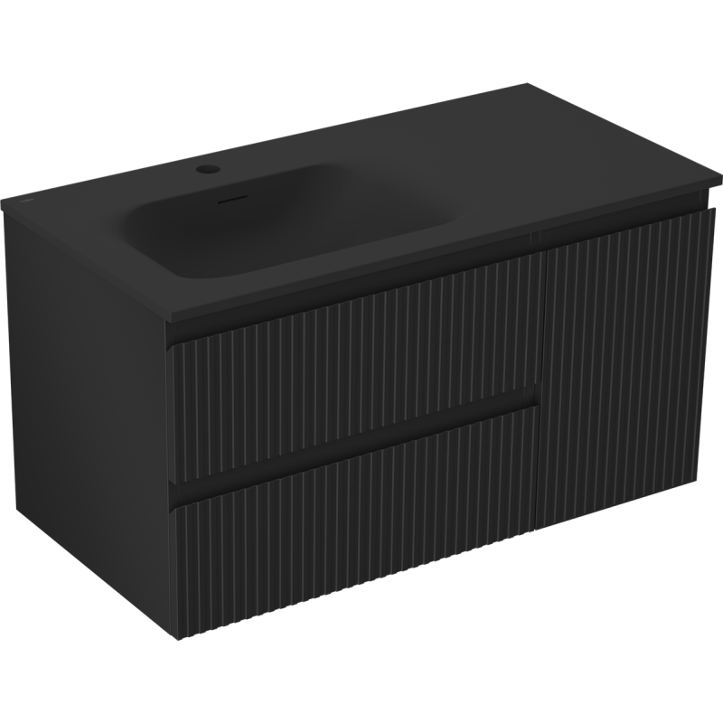 Mexen Rivel szafka łazienkowa 90 cm z umywalką Vela lewą, 2S, 1D, ryflowana, czarna mat - 91A23-09047-3-BBFFF71-W23L71