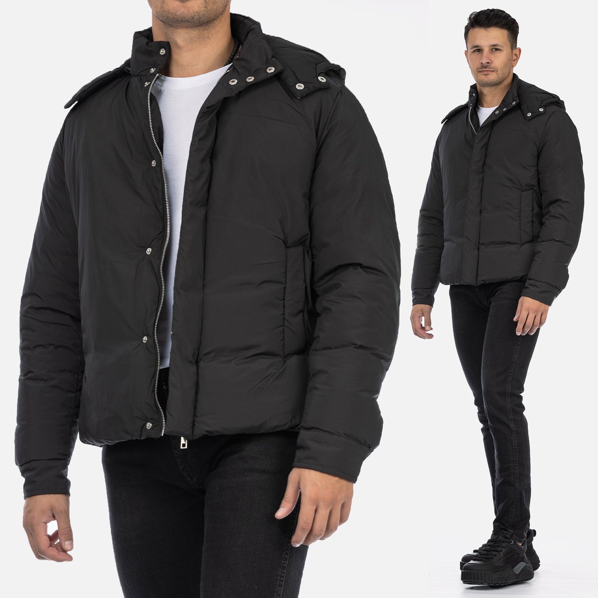 Czarna kurtka męska puchowa przejściowa zimowa oversize lekka kaptur QQ161B83-BLACK Czarny XXL