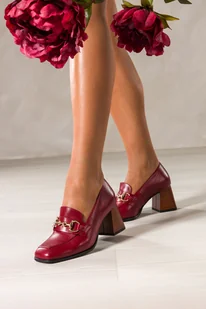 Bordowe mokasyny skórzane damskie na ozdobnym klocku złota sprzączka PRODUKT POLSKI Casu 7317-768 - Mokasyny damskie - miniaturka - grafika 1