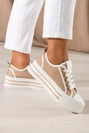 Trampki damskie - Beżowe trampki damskie sneakersy na platformie ozdobne oczka z cyrkoniami sznurowane Carla 9150 - miniaturka - grafika 1