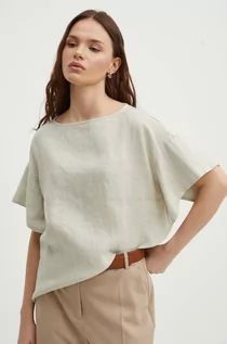 Bluzki damskie - Sisley bluzka lniana kolor beżowy gładka - grafika 1