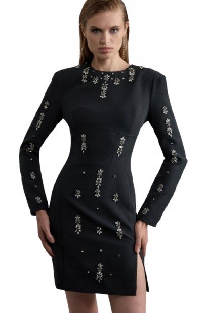 KAREN MILLEN TALL CZARNA SUKIENKA Z DŁUGIM RĘKAWEM I CYRKONIAMI 34 B1C