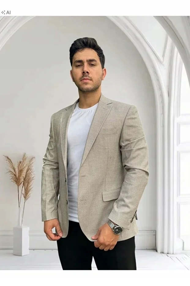 ELEGANCKA MĘSKA KURTKA MELANŻOWA BEŻOWA NA GUZIKI 48 5IA