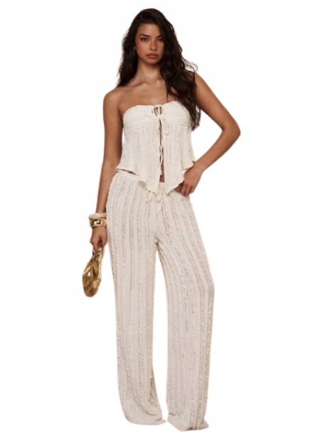 SHEIN ECRU SPODNIE CASUAL PROSTE Z WIĄZANIEM L 1JC