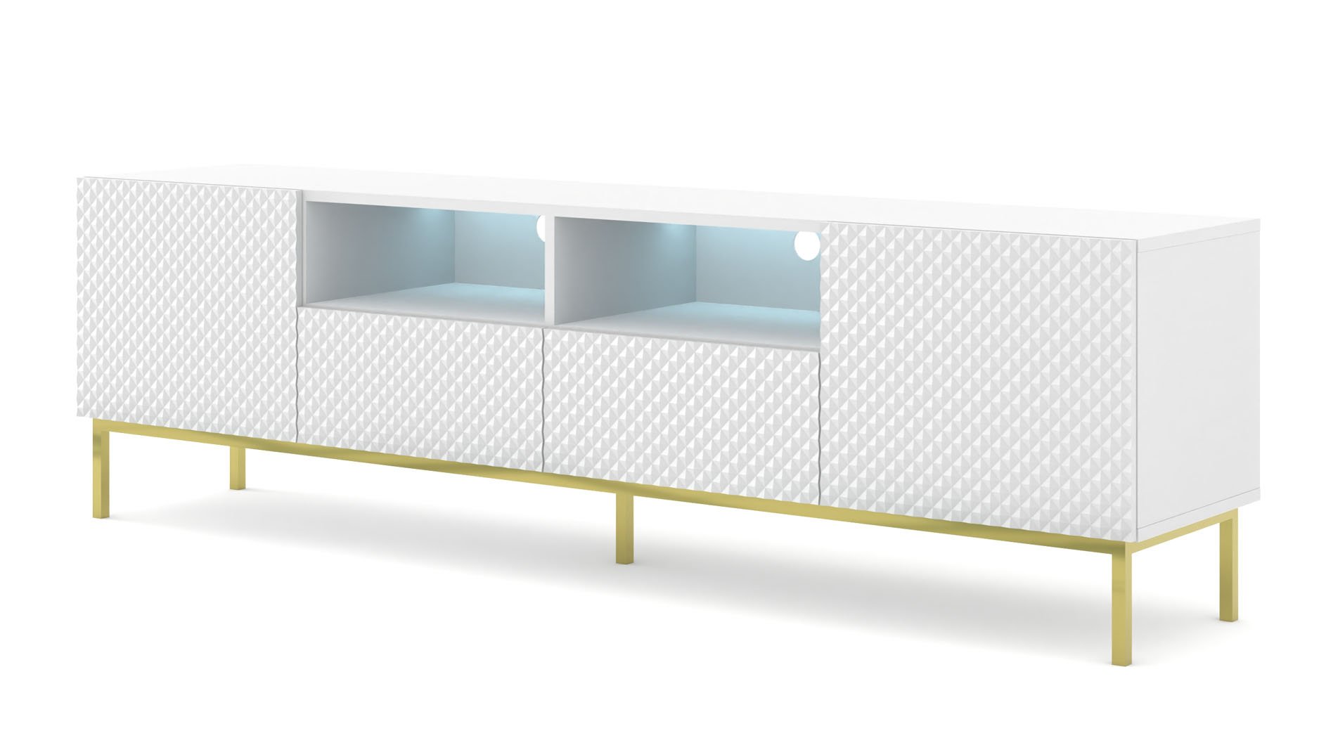 Szafka pod TV RAVENNA C 200 cm 2D2S BIAŁY MAT / BIAŁY POŁYSK + Złota metalowa rama Szuflady amerykańskie Szafka dolna z metalowymi nóżkami Szafka stojąca Szafka pod TV Modern Loft Szafka pod TV Kredens Stolik HiFi