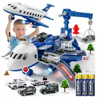 Samoloty i helikoptery - DUŻY Samolot rozkładany 65cm Parking i Ruchomy Dźwig Policja LED-y +Baterie - miniaturka - grafika 1