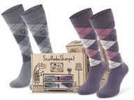 Skarpetki damskie - Comodo Bawełniane Podkolanówki Do Jazdy Konnej, Uniseks, Cienkie, Zestaw 2 Par Rozm. 39-42, Fioletowo-szare W Pudełku Prezentowym. - miniaturka - grafika 1