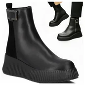 Botki damskie - Damskie Botki SKÓRZANE FILIPPO Jesienne Eleganckie na Platformie Czarne 39 - miniaturka - grafika 1