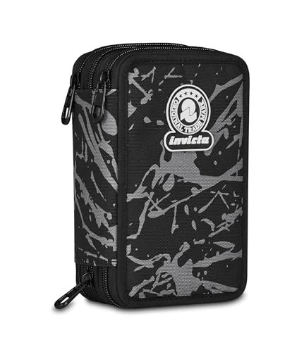 Invicta Piórnik szkolny z 3 zamkami Fantasy, czarny, potrójny piórnik w komplecie z długopisami, ołówkami, kolorami, akcesoriami do plecaka, szkoły podstawowej, dziecko, czarne, nowoczesny