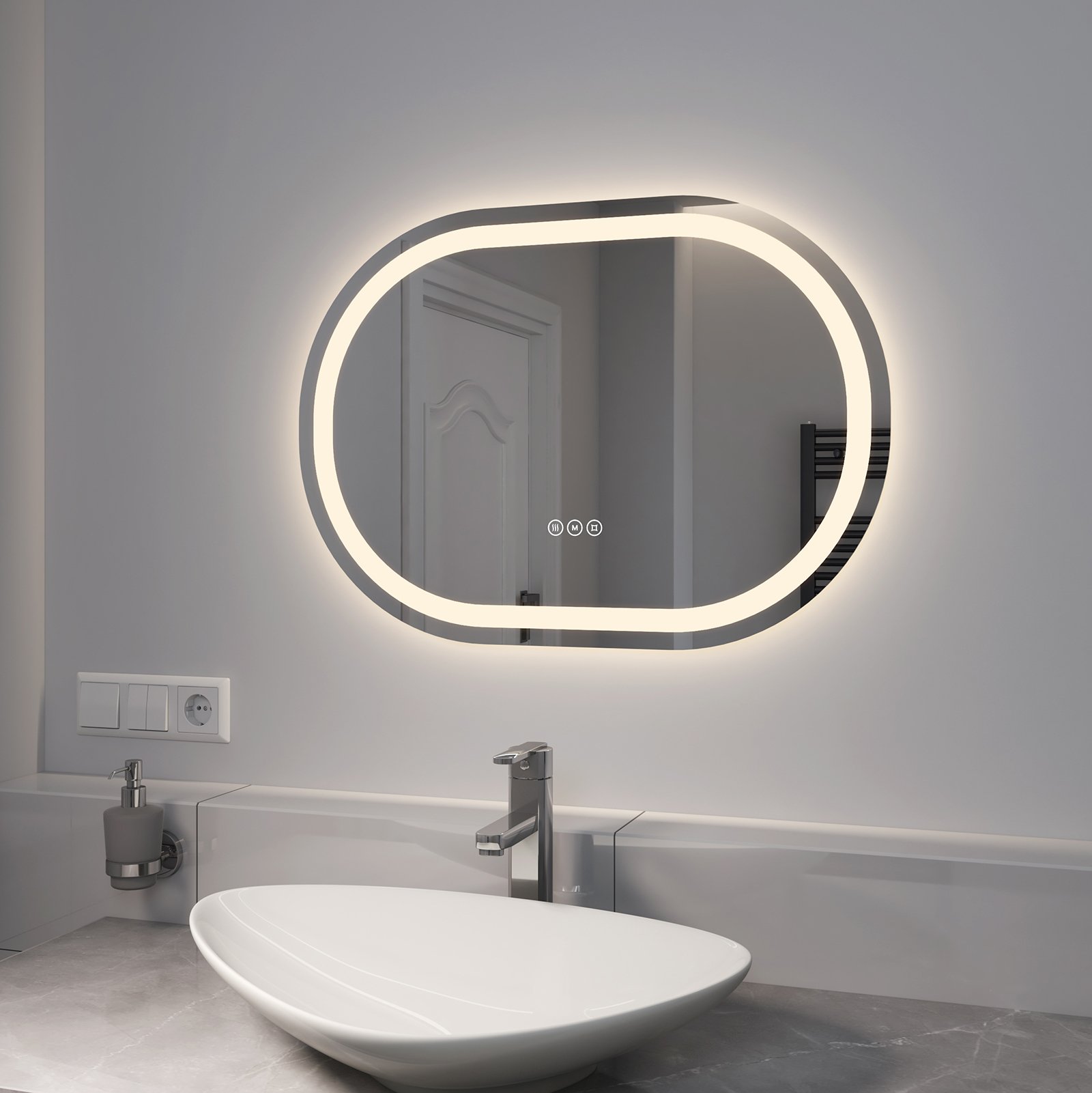 EMKE LED lustro łazienkowe 70x50cm lustro łazienkowe bezmgielne oświetlenie 3 kolory światła lustro łazienkowe okrągłe wielokątne lustro ścienne z przełącznikiem dotykowym IP44 energooszczędne regulowane światło
