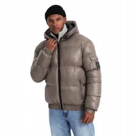 Kurtki męskie - Ciepła kurtka męska puffer ze ściągaczami ciemnobeżowa V3 OM-JAHP-0207 L - miniaturka - grafika 1