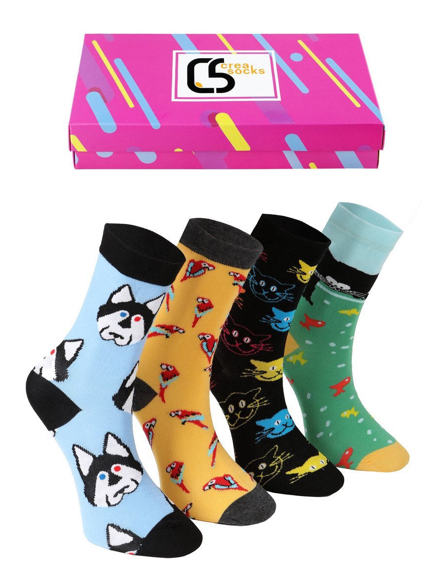 CREA SOCKS, kolorowe skapetki, 4 pary, ZWIERZAKOWA CZWÓRKA, w pudełku prezentowym, 36/40
