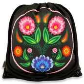 Plecaki worki - Plecak z podszewką folk łowicki kwiaty różowe czarny - miniaturka - grafika 1