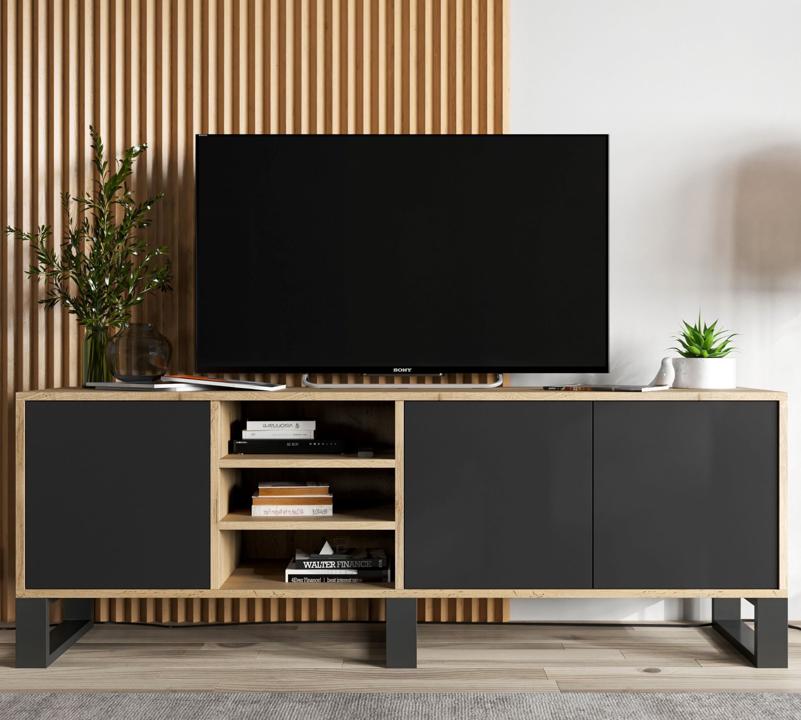 Szafka RTV Loft Komoda RTV Industrialna 150 cm Dąb wotan czarny MAT Metalowe nogi