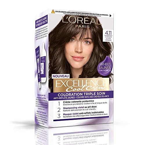 L'ORÉAL PARIS - Długotrwała farba do włosów potrójna pielęgnacja - Żółte antyrefleksyjne - pokrywa 100% białych włosów - doskonałość chłodny krem - odcień : Ultra Popielaty kasztan (4.11)