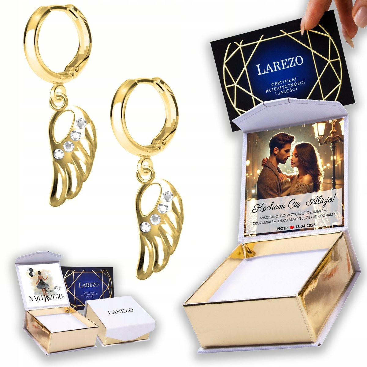 Złote Kolczyki 925 ze Skrzydłami Anioła Skrzydła Skrzydło Wings NADRUK