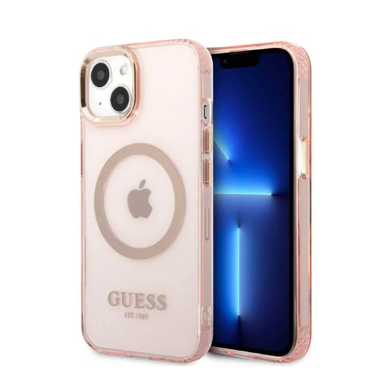 Etui Guess do iPhone 13 6,1" różowy/pink hard case Gold Outline Translucent MagSafe